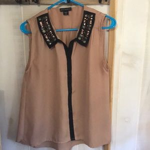 Brown embellished collar tank top with buttons